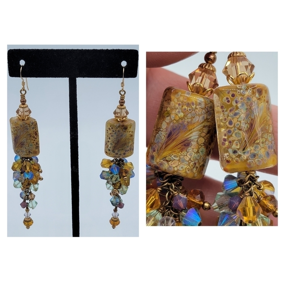Earrings Gold & Amber Colors Lampwork & Crystals #2051